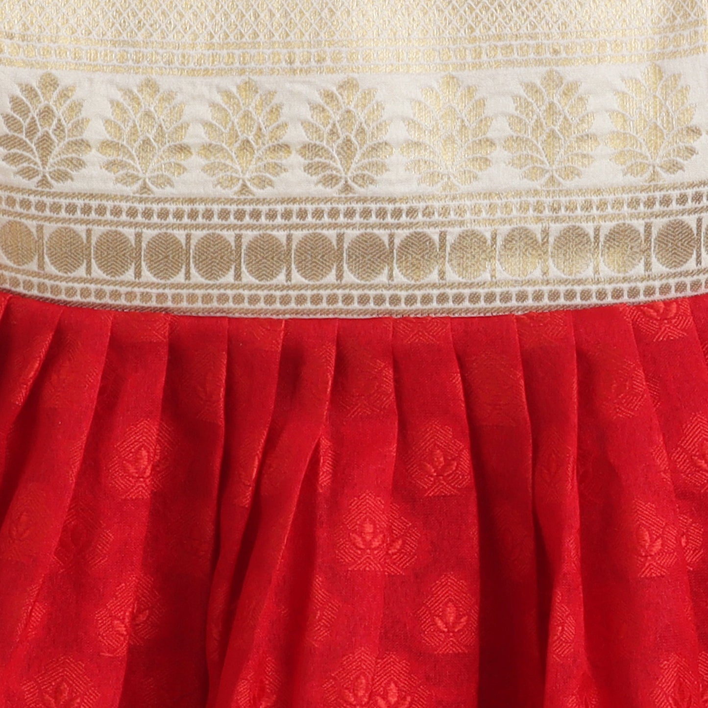Many Frocks & Chanderi Cotton Woven Sleeveless Lace Embellished Knee Length Flared Baby Girls Ethnic Dress - Red & Cream
