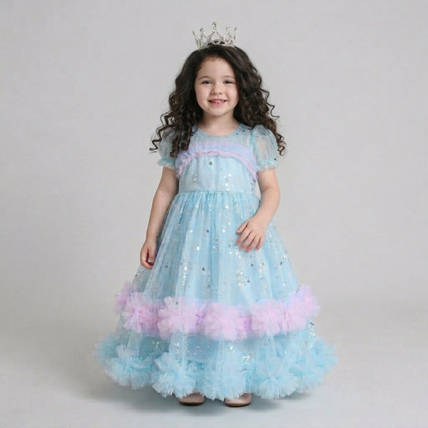 Many Frocks & Sequin Net Woven Puff Sleeve Embellished Full Length Flared Girls Party Gown - Light Blue