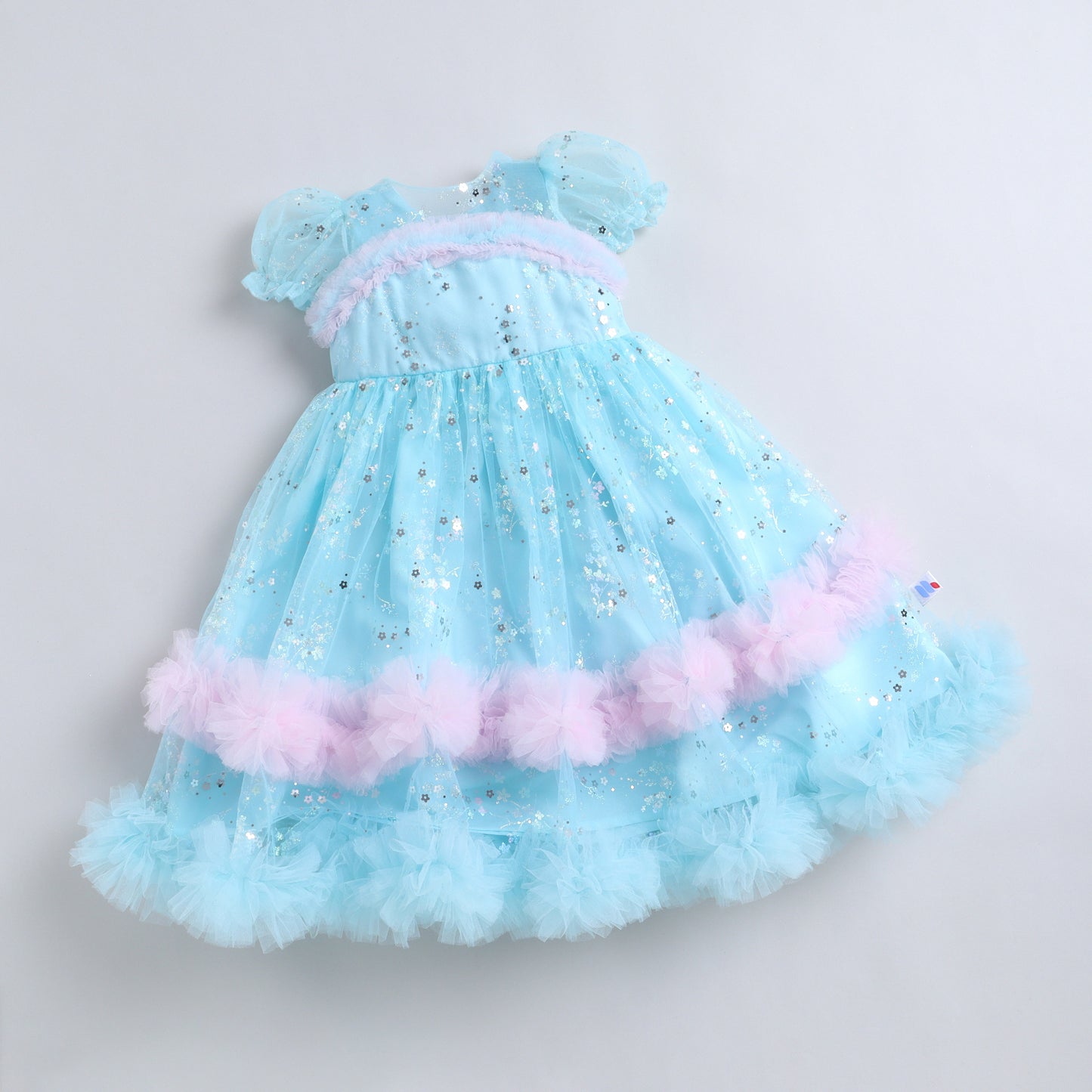 Many Frocks & Sequin Net Woven Puff Sleeve Embellished Full Length Flared Girls Party Gown - Light Blue