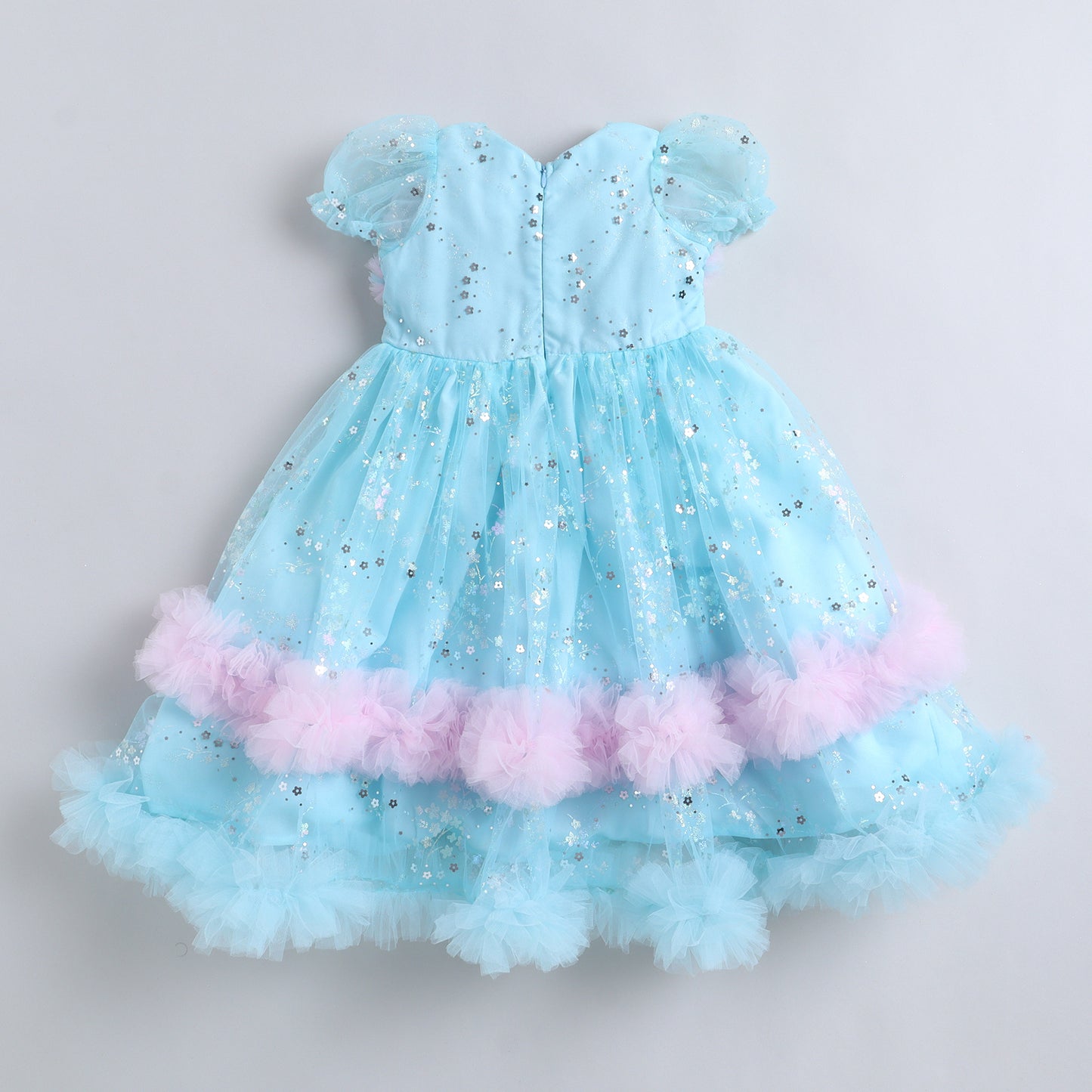 Many Frocks & Sequin Net Woven Puff Sleeve Embellished Full Length Flared Girls Party Gown - Light Blue