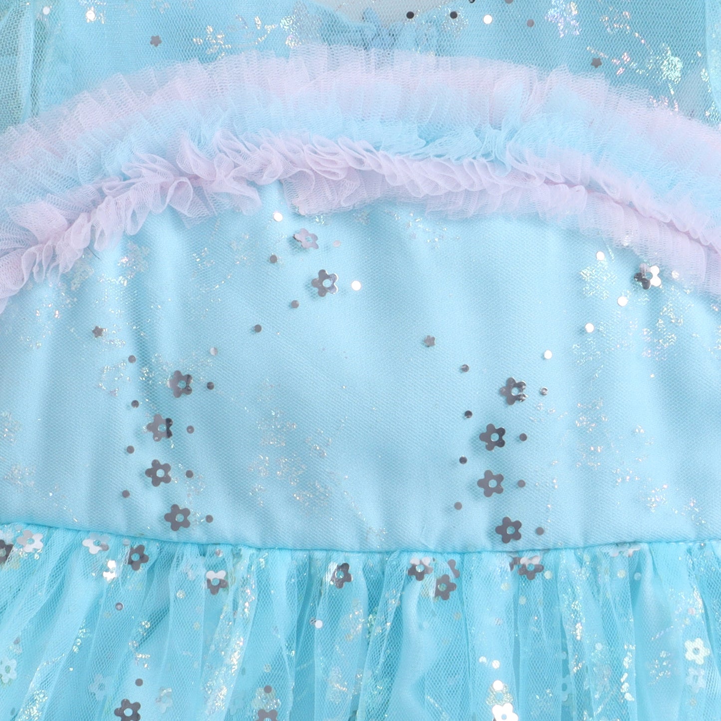 Many Frocks & Sequin Net Woven Puff Sleeve Embellished Full Length Flared Girls Party Gown - Light Blue