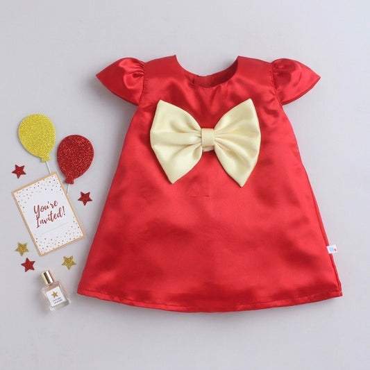 Many Frocks & Satin Woven Cap Sleeve Bow Embellished Knee Length Flared Girls Party Dress - Red