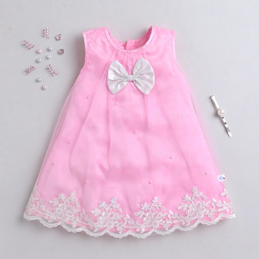 Many Frocks & Net Woven Sleeveless Lace Bead Bow Embellished Knee Length Girls Party Dress - Pink