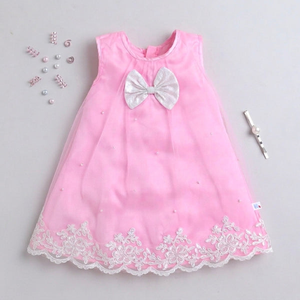 Many Frocks & Net Woven Sleeveless Lace Bead Bow Embellished Knee Length Girls Party Dress - Pink