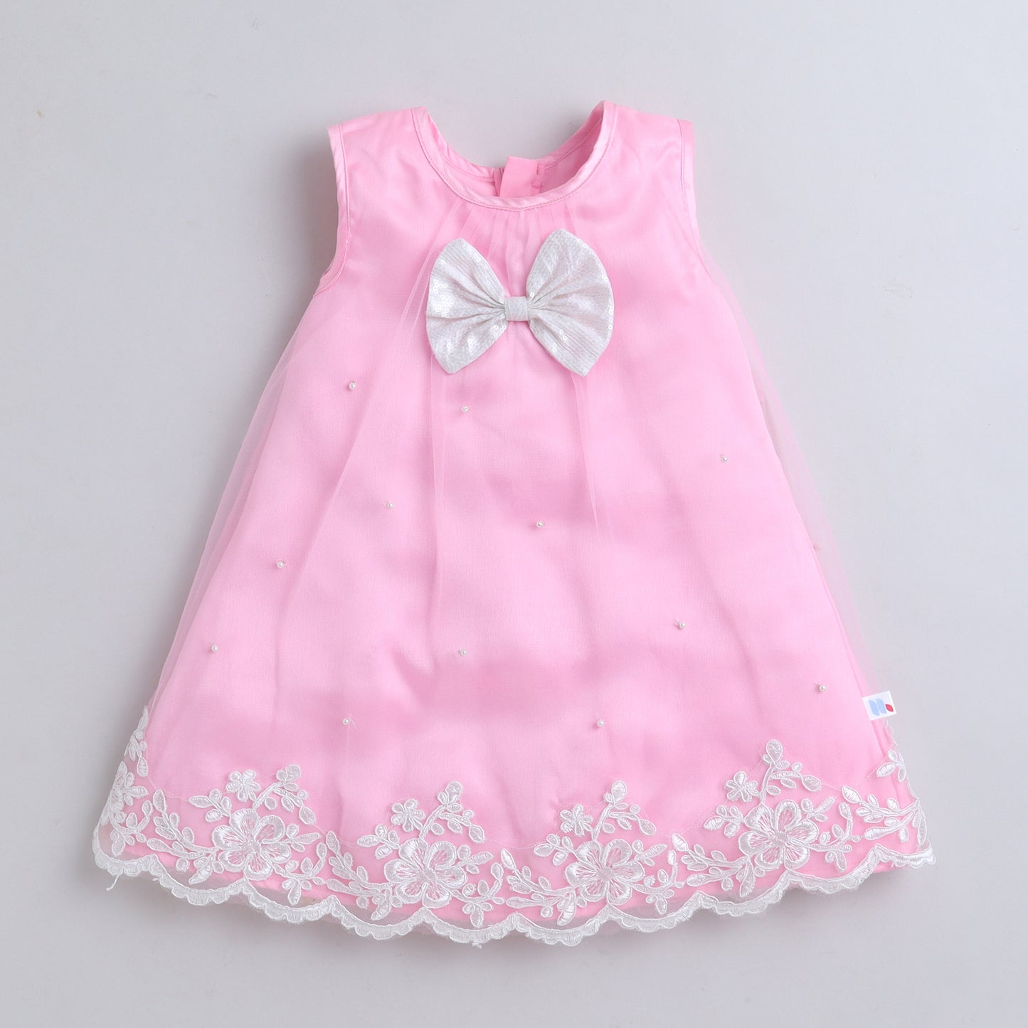Many Frocks & Net Woven Sleeveless Lace Bead Bow Embellished Knee Length Girls Party Dress - Pink