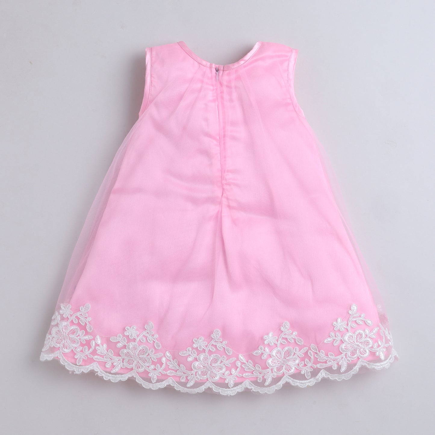 Many Frocks & Net Woven Sleeveless Lace Bead Bow Embellished Knee Length Girls Party Dress - Pink