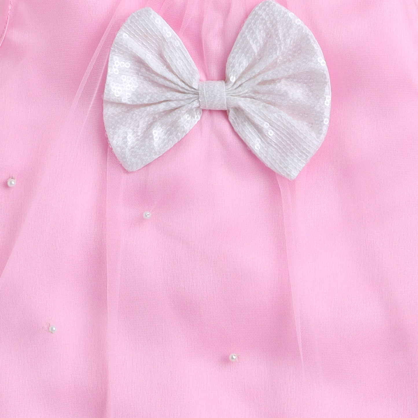 Many Frocks & Net Woven Sleeveless Lace Bead Bow Embellished Knee Length Girls Party Dress - Pink