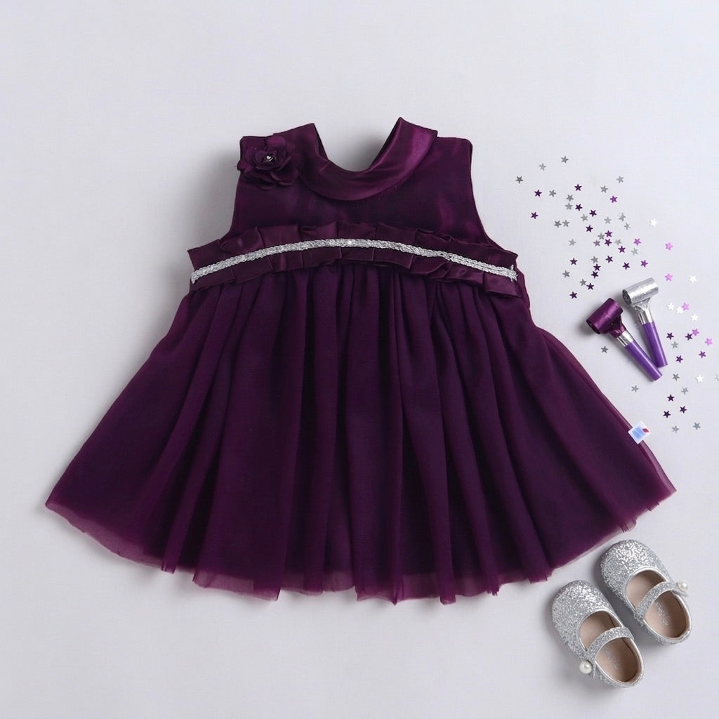 Many Frocks & Net Woven Sleeveless Flower Embellished Knee Length Girls Ethnic Dress - Magenta