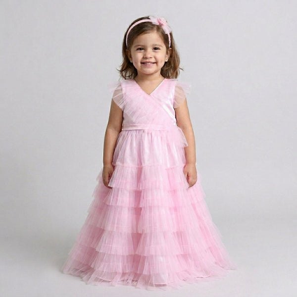 Many Frocks & Net Woven Sleeveless Pleated Embellished Full Length Flared Girls Party Gown - Pink