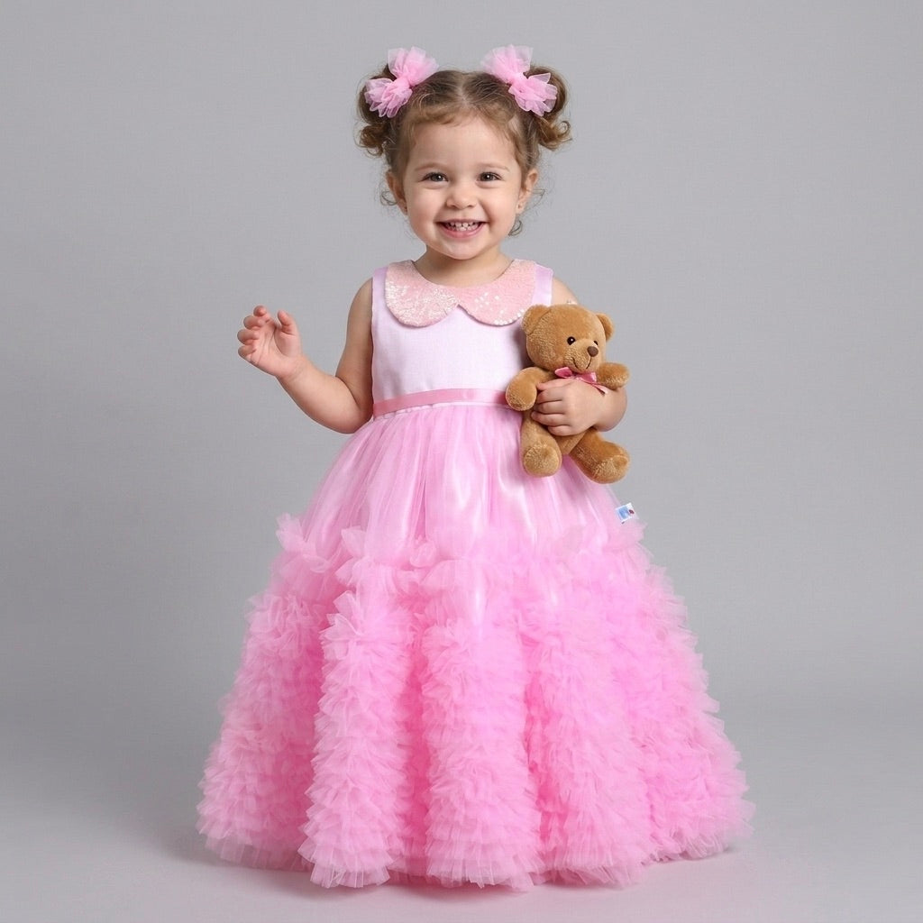 Many Frocks & Net Woven Sleeveless Sequin Collar with Back Bow Embellished Full Length Flared Girls Party Gown - Pink