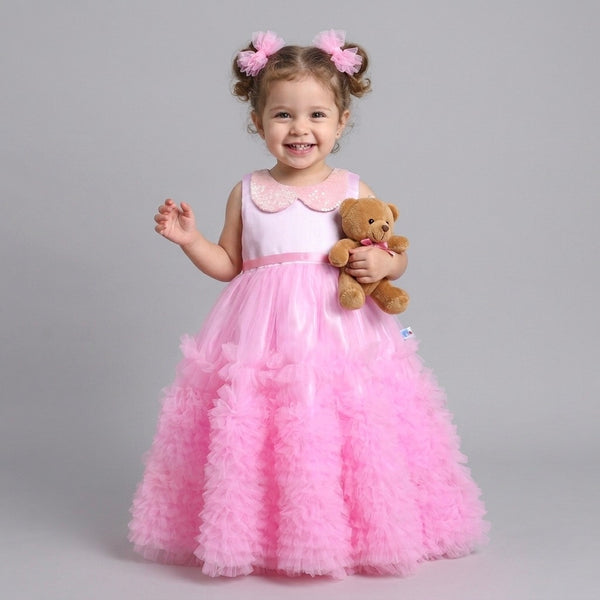 Many Frocks & Net Woven Sleeveless Sequin Collar with Back Bow Embellished Full Length Flared Girls Party Gown - Pink
