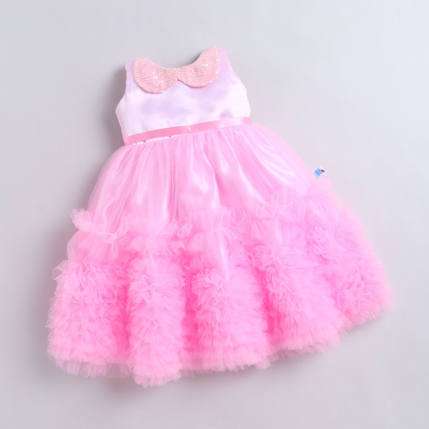 Many Frocks & Net Woven Sleeveless Sequin Collar with Back Bow Embellished Full Length Flared Girls Party Gown - Pink