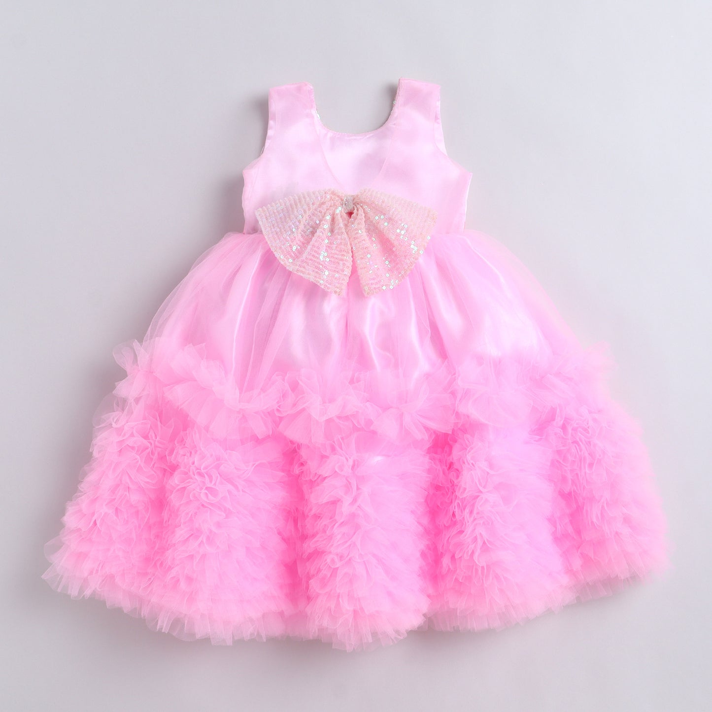 Many Frocks & Net Woven Sleeveless Sequin Collar with Back Bow Embellished Full Length Flared Girls Party Gown - Pink