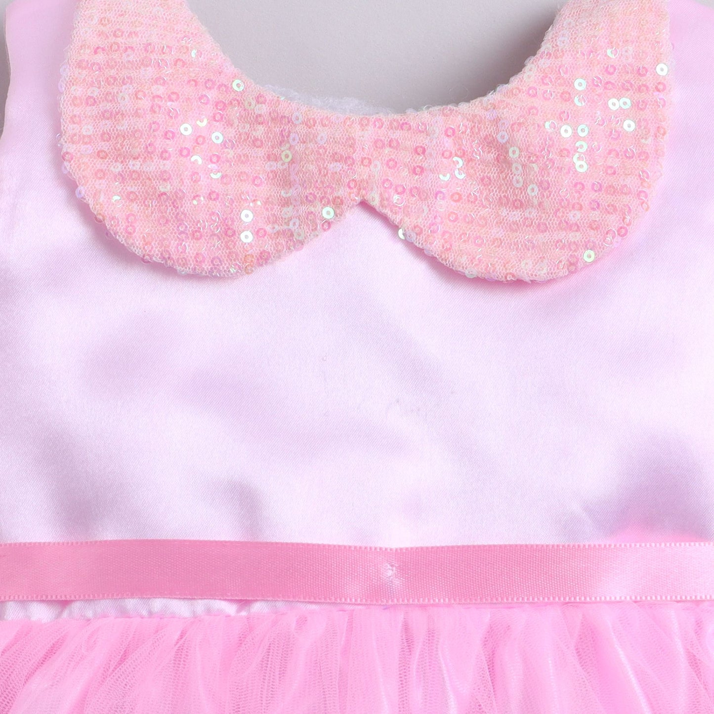 Many Frocks & Net Woven Sleeveless Sequin Collar with Back Bow Embellished Full Length Flared Girls Party Gown - Pink