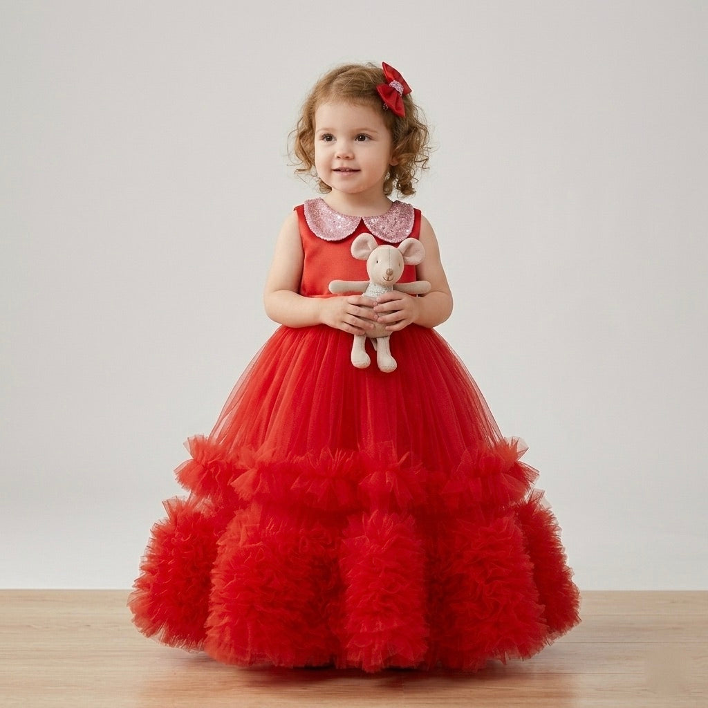 Many Frocks & Net Woven Sleeveless Sequin Collar with Back Bow Embellished Full Length Flared Girls Party Gown - Red