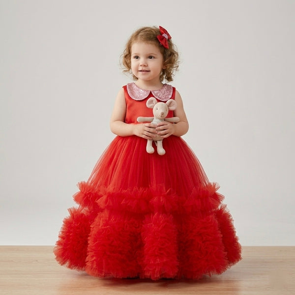 Many Frocks & Net Woven Sleeveless Sequin Collar with Back Bow Embellished Full Length Flared Girls Party Gown - Red