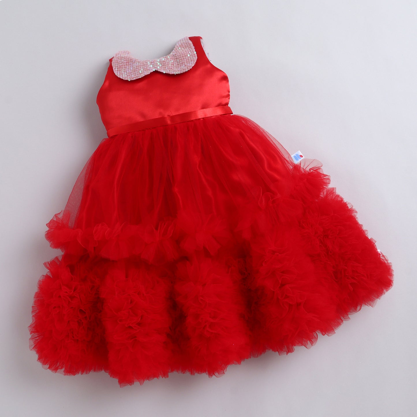 Many Frocks & Net Woven Sleeveless Sequin Collar with Back Bow Embellished Full Length Flared Girls Party Gown - Red