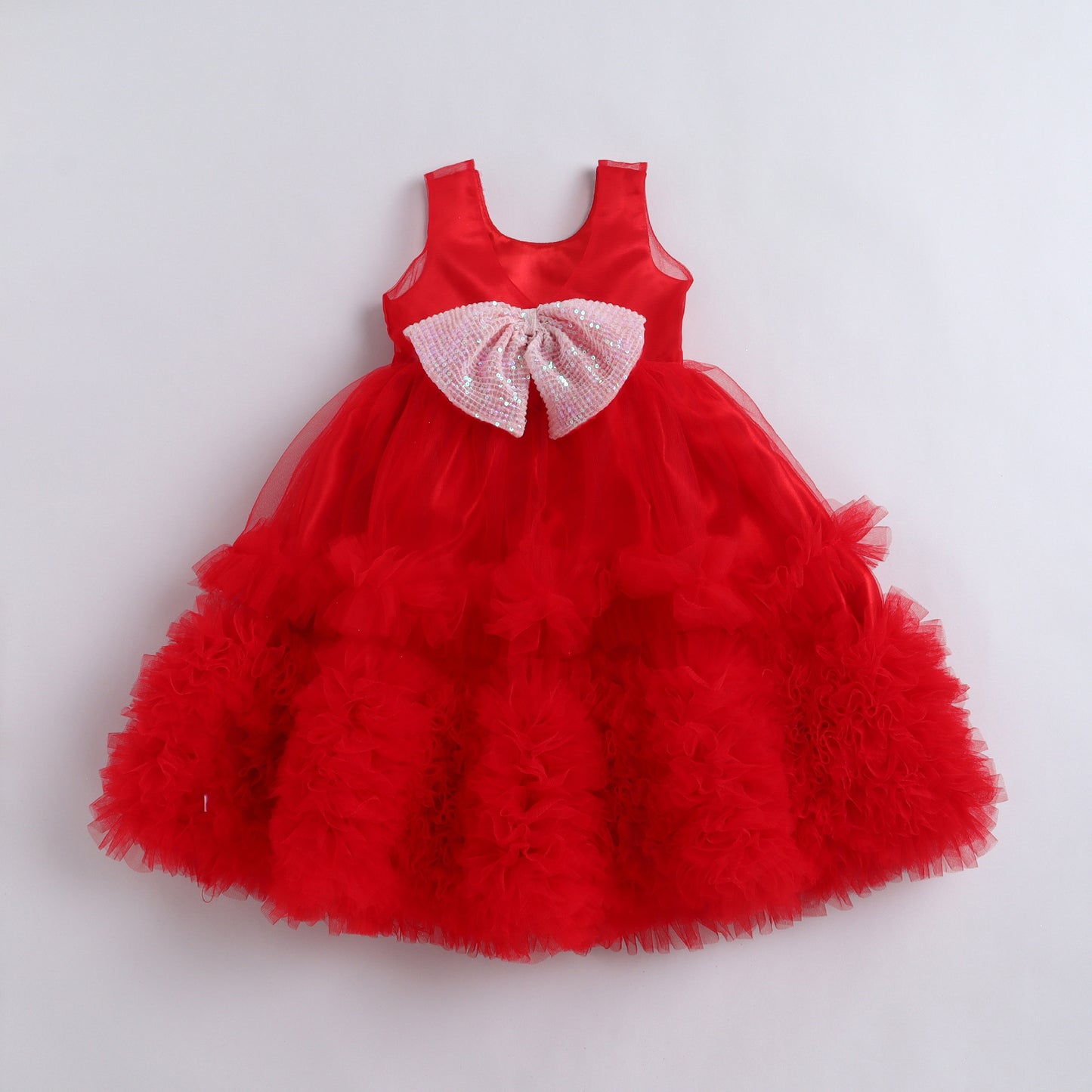 Many Frocks & Net Woven Sleeveless Sequin Collar with Back Bow Embellished Full Length Flared Girls Party Gown - Red