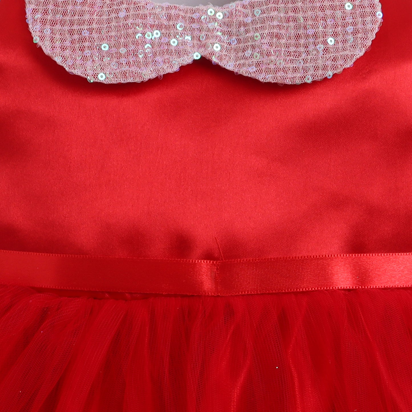Many Frocks & Net Woven Sleeveless Sequin Collar with Back Bow Embellished Full Length Flared Girls Party Gown - Red