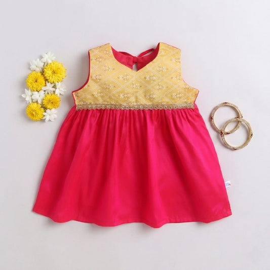 Many Frock & polysilk  chanderi sleeveless lace embellished knee length baby ethnic dress -  Yellow