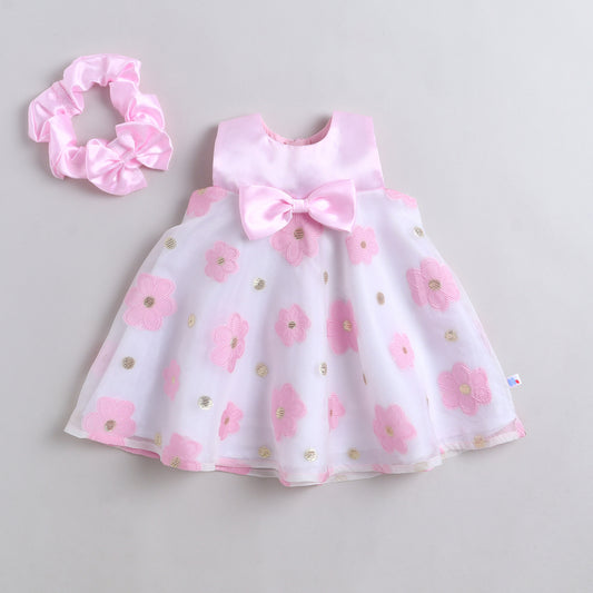 Many Frocks & Organza Sleeveless Bow Embellished Knee Length Baby Dress With Hairband Gifting Set - White & Pink