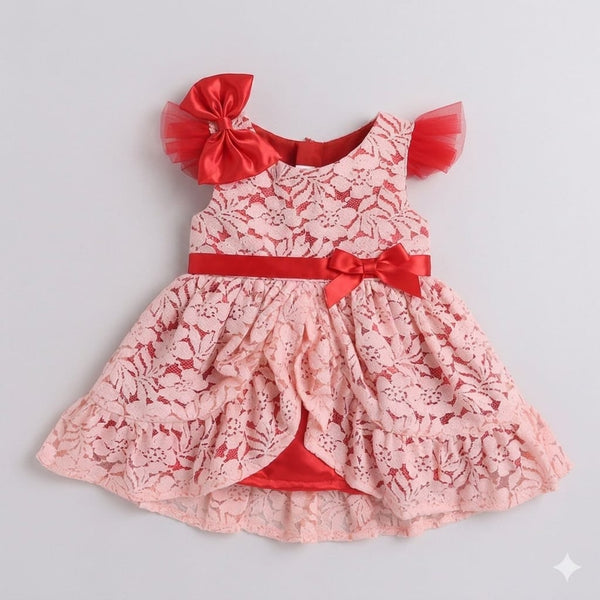 Many Frocks & Cotton Flower Net Sleeveless Lace Embellished Baby Party Dress- Peach & Red