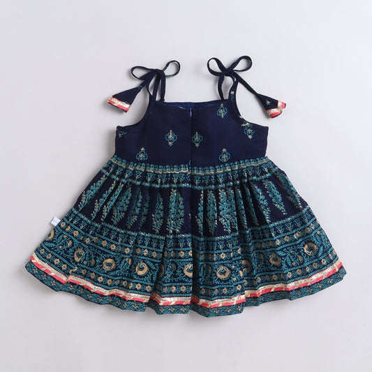 Many Frocks & Chanderi Sleeveless Printed Lace Embellished Knee Length Flared Baby Jhabla Ethnic Dress - Navy Blue