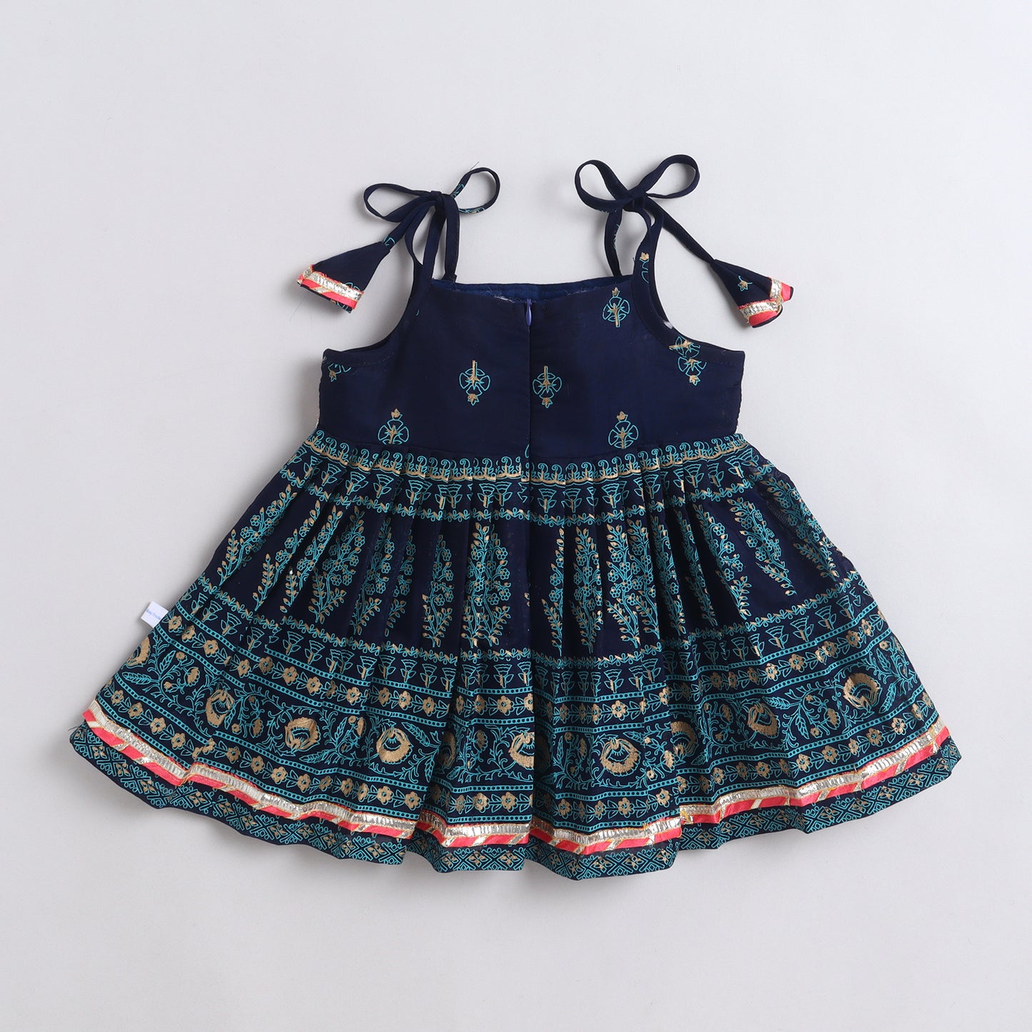 Many Frocks & Chanderi Sleeveless Printed  Lace Embellished Knee Length Flared Baby Jhabla Ethnic Dress - Navy Blue
