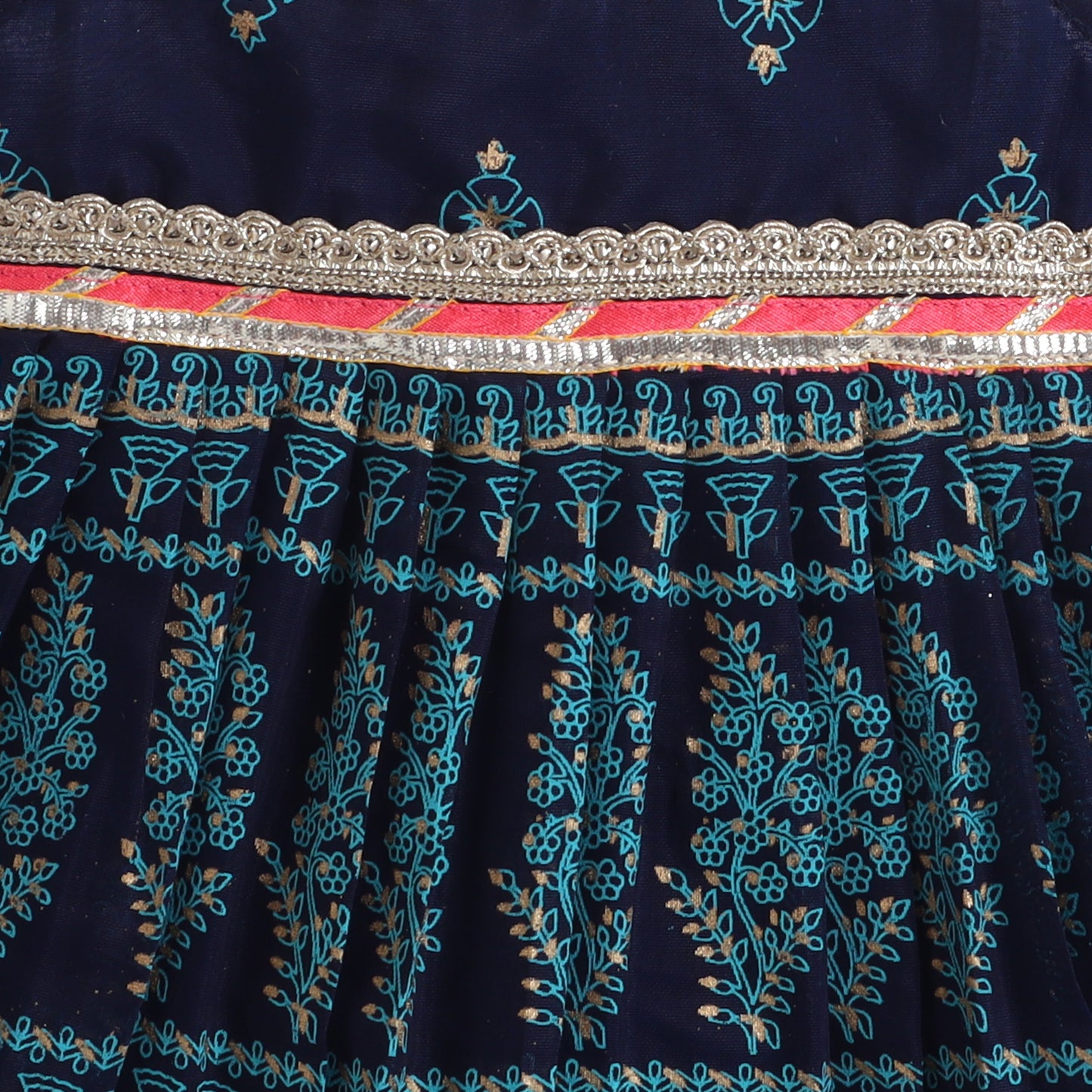 Many Frocks & Chanderi Sleeveless Printed  Lace Embellished Knee Length Flared Baby Jhabla Ethnic Dress - Navy Blue