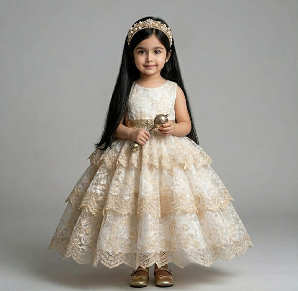 Many Frocks & Net Sleeveless Lace Embellished  Full Length Girl Layered Party Gown  - Cream & Golden