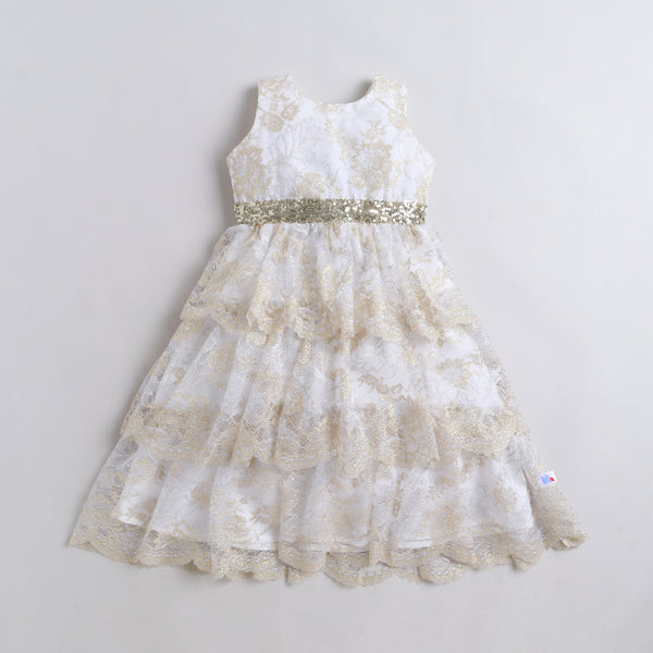 Many Frocks & Net Sleeveless Lace Embellished  Full Length Girl Layered Party Gown  - Cream & Golden