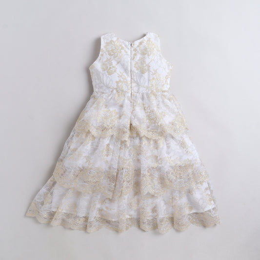 Many Frocks & Net Sleeveless Lace Embellished Full Length Girl Layered Party Gown - Cream & Golden