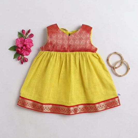 Many Frocks & brocade  chanderi sleeveless lace embellished knee length baby ethnic dress - Yellow &amp; Red&nbsp;