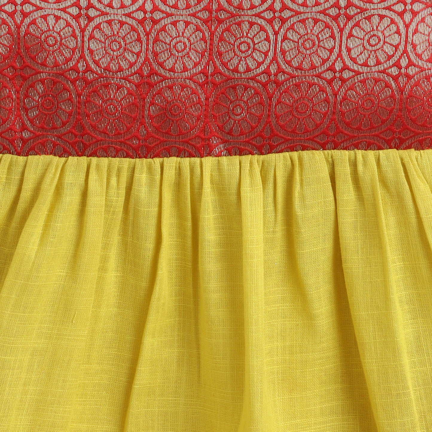 Many Frocks & brocade  chanderi sleeveless lace embellished knee length baby ethnic dress - Yellow &amp; Red&nbsp;