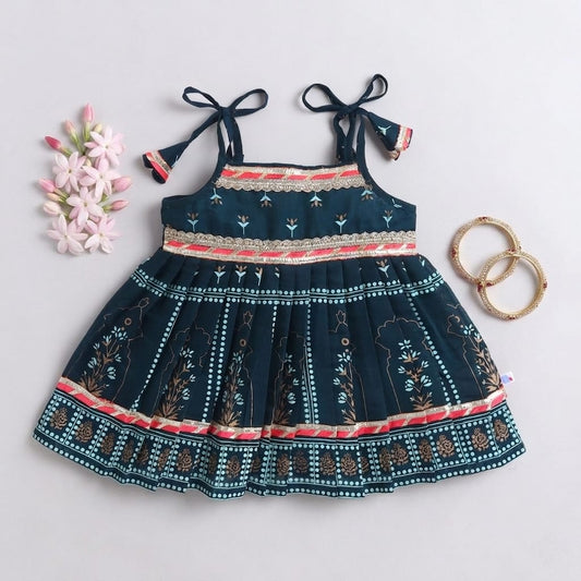 Many Frocks & Chanderi Sleeveless Printed  Lace Embellished Knee Length Flared Baby Jhabla Ethnic Dress - Navy Blue