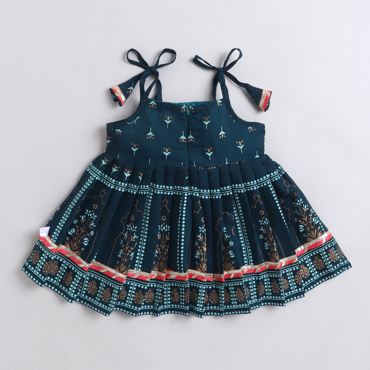 Many Frocks & chanderi sleeveless printed lace embellished knee length flared baby jhabla ethnic dress - Green