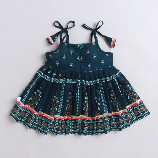 Many Frocks & chanderi sleeveless printed lace embellished knee length flared baby jhabla ethnic dress - Green