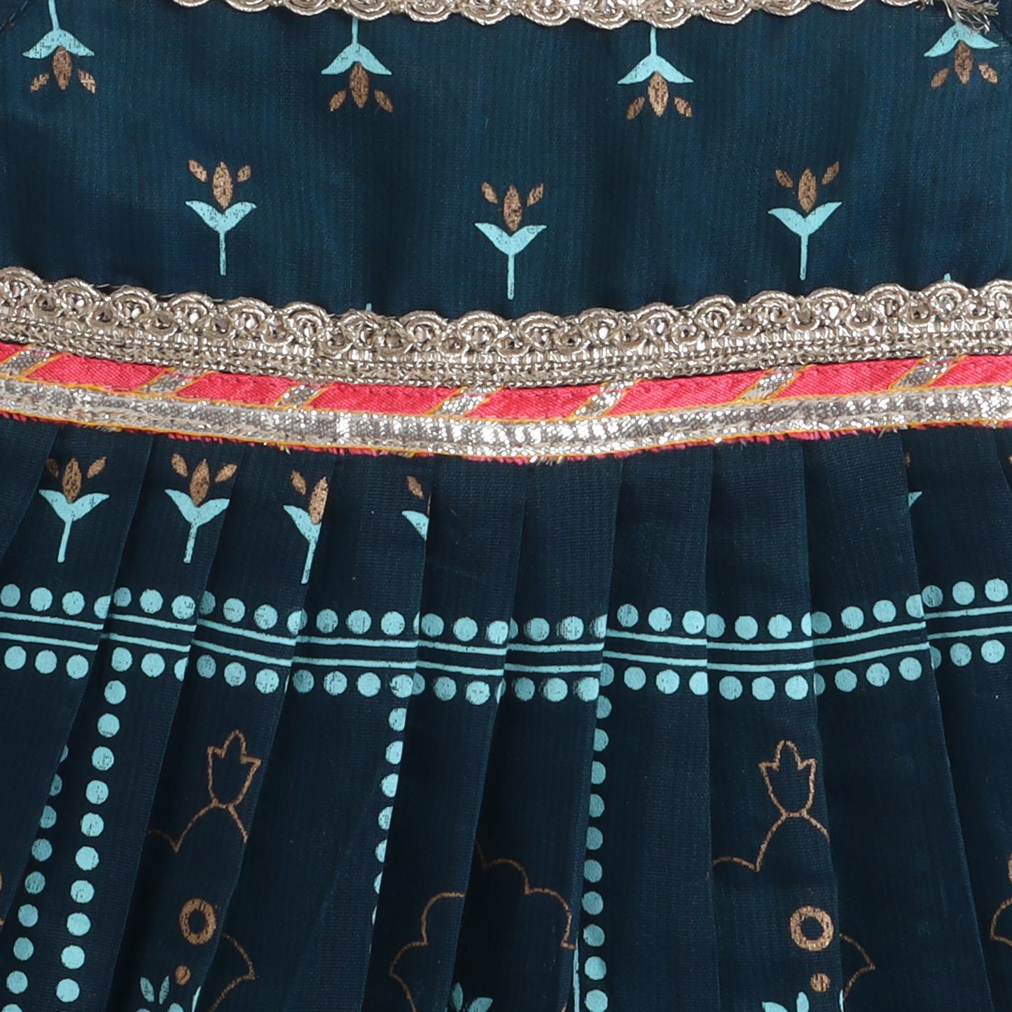 Many Frocks & chanderi sleeveless printed lace embellished knee length flared baby jhabla ethnic dress - Green