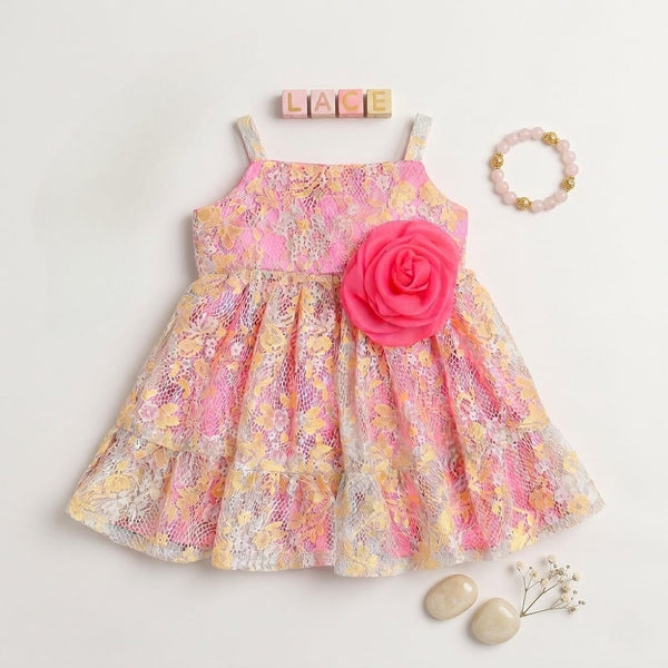 Many Frocks & Cotton Net Sleeveless Floral Print Rose Embellished Baby Party Dress-Pink & Yellow