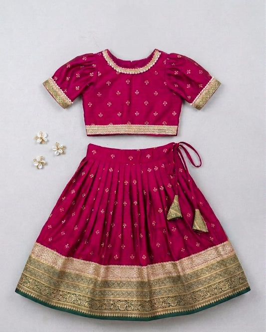 Many Frocks & chanderi & banarasi short sleeves lace embellished full length baby  lehenga choli set - Maroon & Green