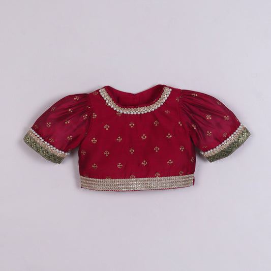 Many Frocks & chanderi & banarasi short sleeves lace embellished full length baby lehenga choli set - Maroon & Green