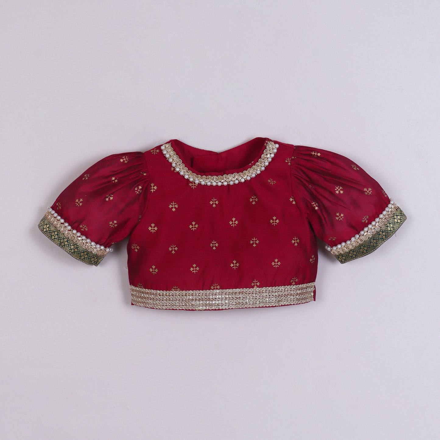 Many Frocks & chanderi & banarasi short sleeves lace embellished full length baby  lehenga choli set - Maroon & Green