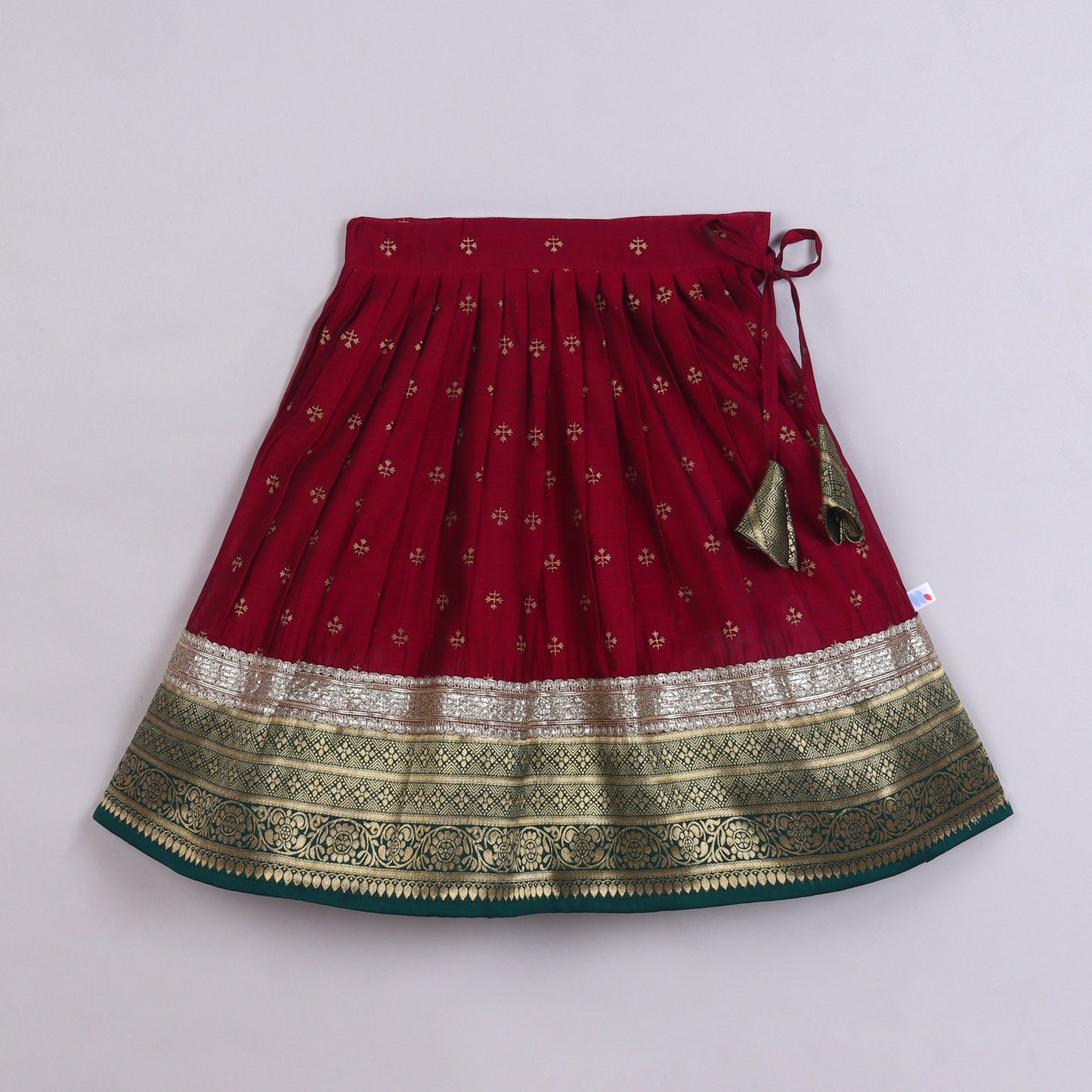 Many Frocks & chanderi & banarasi short sleeves lace embellished full length baby  lehenga choli set - Maroon & Green