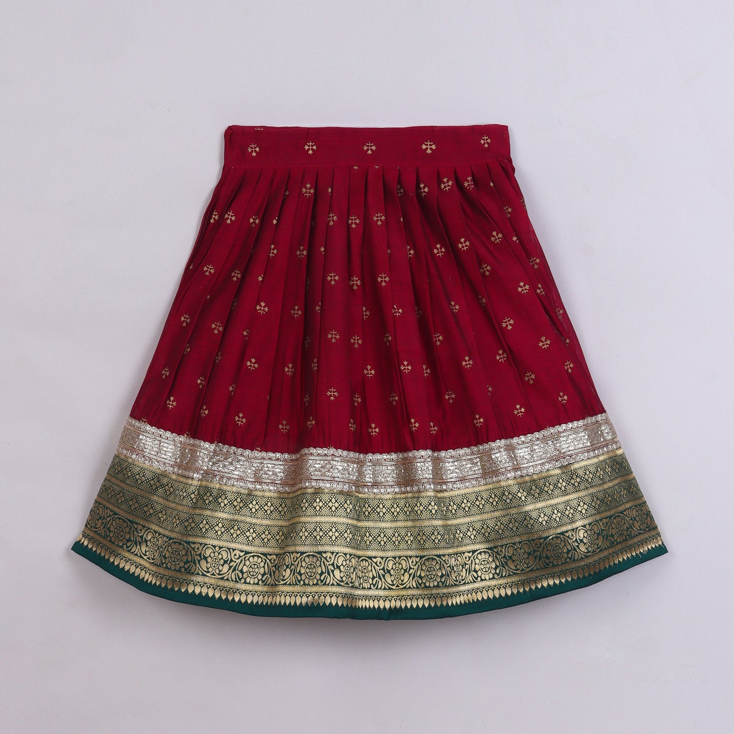 Many Frocks & chanderi & banarasi short sleeves lace embellished full length baby  lehenga choli set - Maroon & Green
