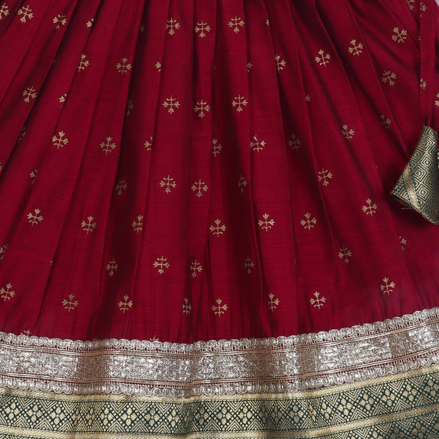 Many Frocks & chanderi & banarasi short sleeves lace embellished full length baby  lehenga choli set - Maroon & Green