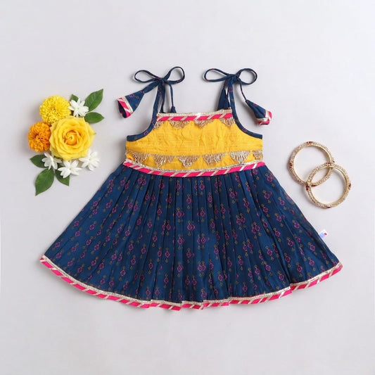 Many Frocks & chanderi sleeveless printed lace embellished knee length flared baby jhabla ethnic dress - Navy Blue &amp; Yellow