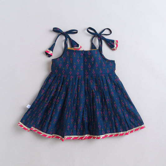 Many Frocks & chanderi sleeveless printed lace embellished knee length flared baby jhabla ethnic dress - Navy Blue &amp; Yellow