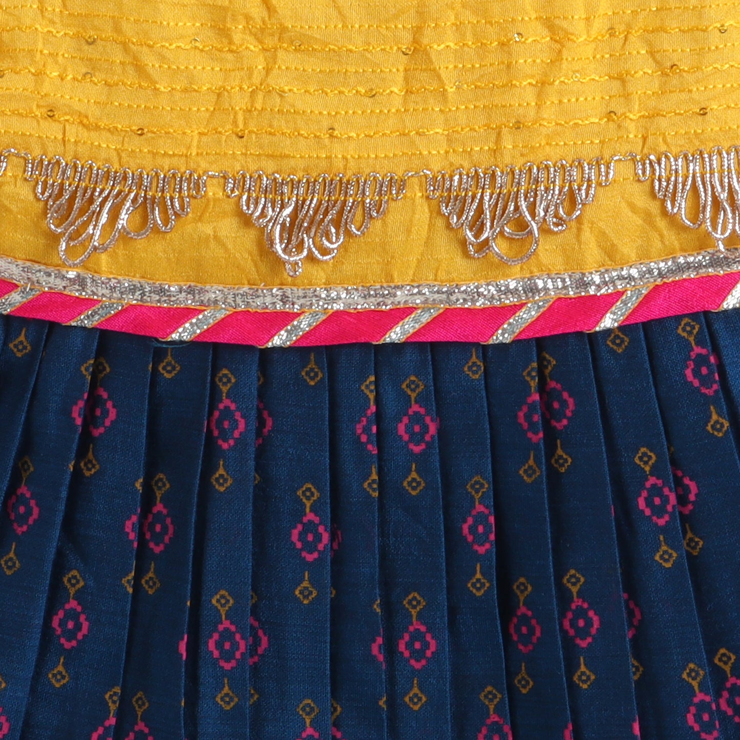 Many Frocks & chanderi sleeveless printed lace embellished knee length flared baby jhabla ethnic dress - Navy Blue &amp; Yellow