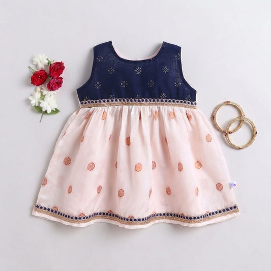 Many Frocks & chanderi sleeveless lace embellished knee length baby ethnic dress - Off White &amp; Navy Blue&nbsp;