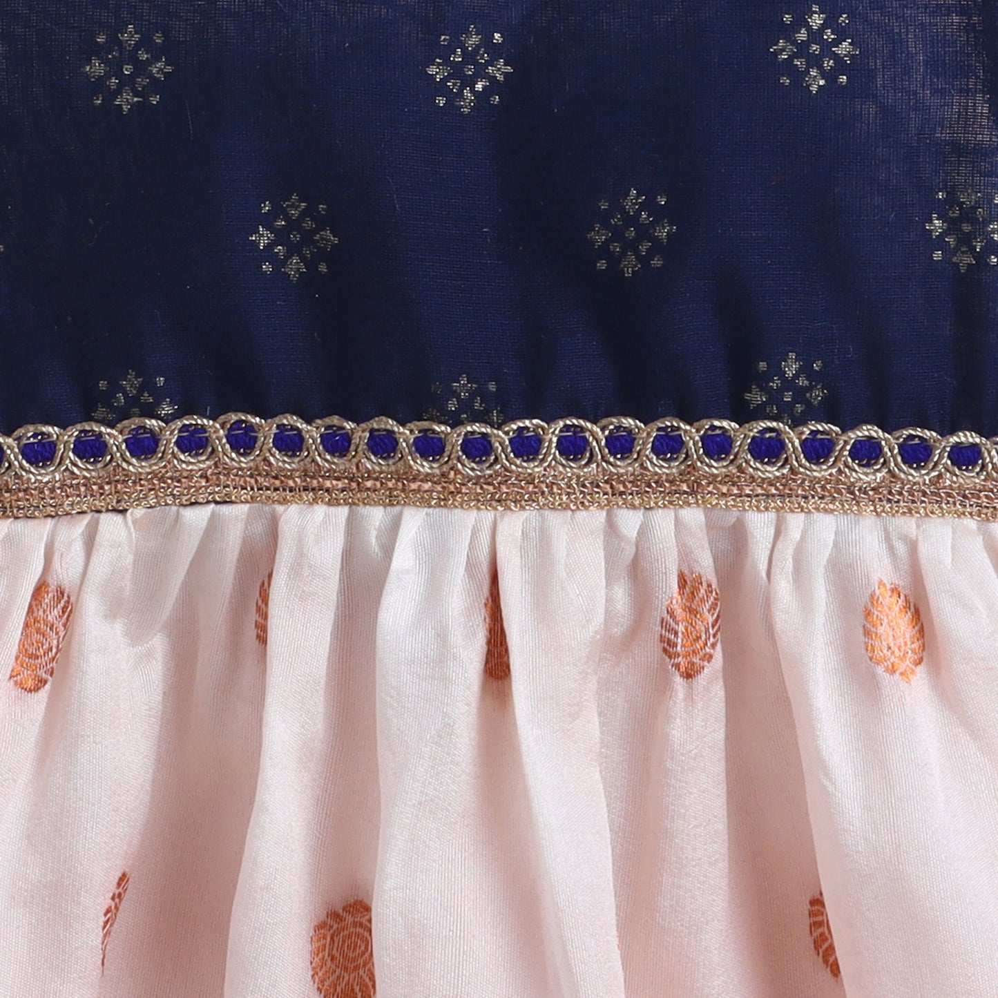 Many Frocks & chanderi sleeveless lace embellished knee length baby ethnic dress - Off White &amp; Navy Blue&nbsp;